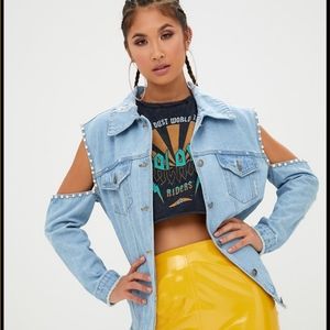 Light Wash Cold Shoulder Pearl Trim Denim Jacket